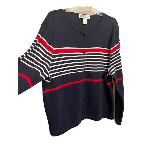 Norton Studio Women Cotton Sweater Cardigan Size 1X  Red Black Stripe - Picture 2 of 9